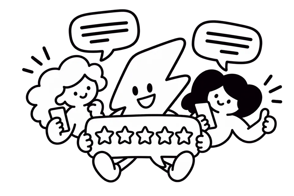 Tokturbo’s mascot with customers sharing star ratings and review messages